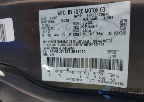 2007 Ford Explorer Eddie Bauer из США, поврежденный, VIN 1FMEU74E77UB85039